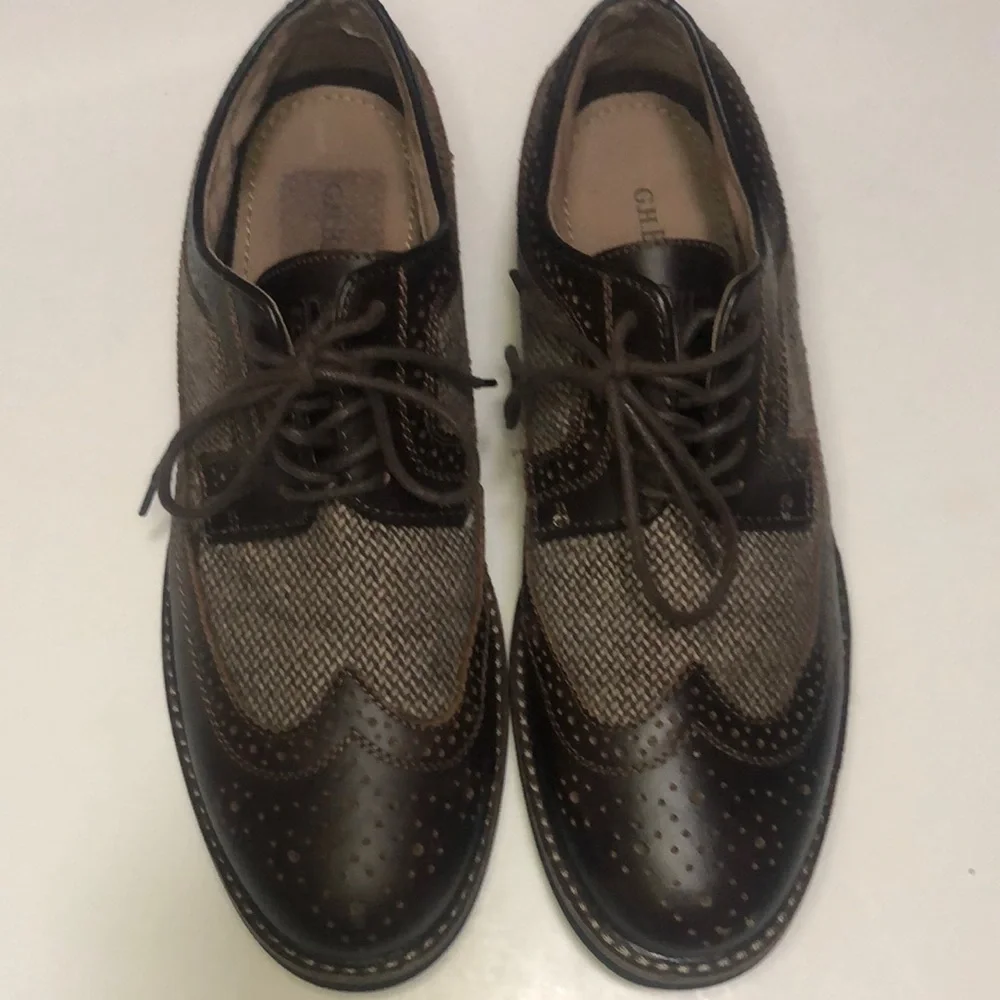 Mens Bremmer 9D Wingtip‎ Oxford Dress Shoes Brown Herringbone Tweed Leather